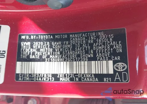 2016 Toyota Corolla Le z USA, uszkodzony, nr VIN 2T1BURHE2GC517396